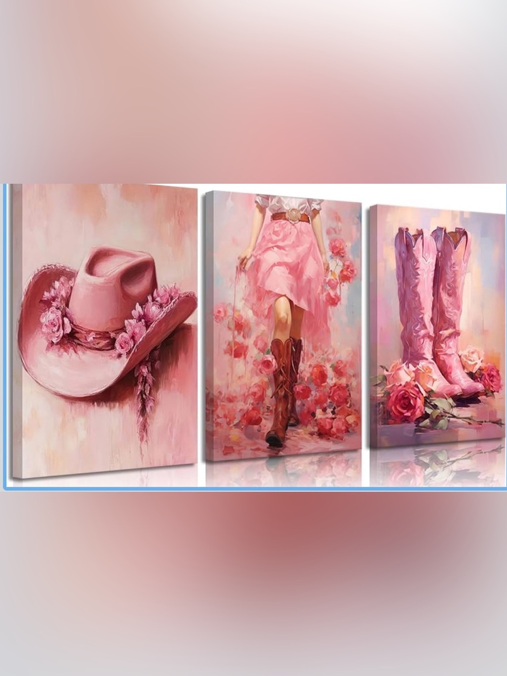 3Pcs Pink Cowgirl Wall Art Canvas Wrapped 16x24in